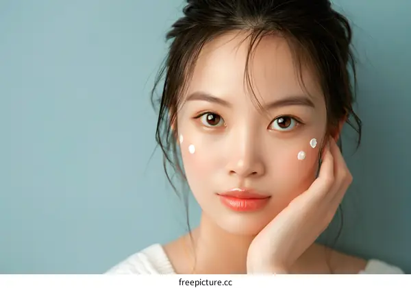 Close up portrait of a beautiful young Asian woman with skincare product on her face