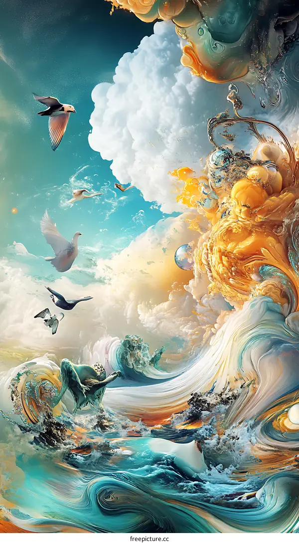 Abstract Art Painting With Birds Flying Through Clouds and Waves