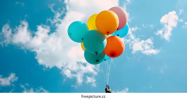 Colorful Balloons Floating in the Blue Sky with White Clouds