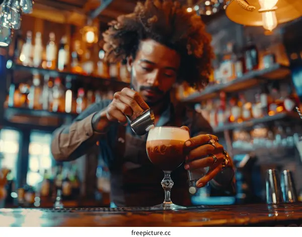 African American bartender making an Irish coffee
