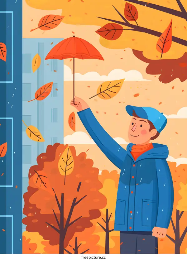 Man with Umbrella in Autumn Leaves