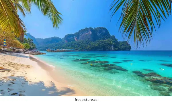 Beautiful tropical beach with palm trees and crystal clear water