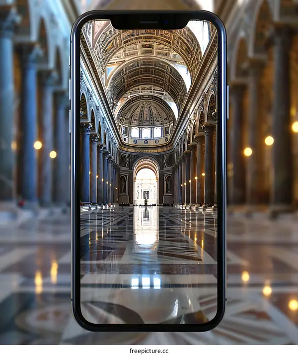 Phone Screen Displaying the Interior of a Cathedral