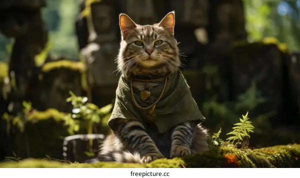 A Green-Cloaked Cat Sitting on a Rock in the Forest