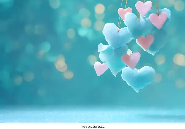 Hanging Hearts in Teal Background