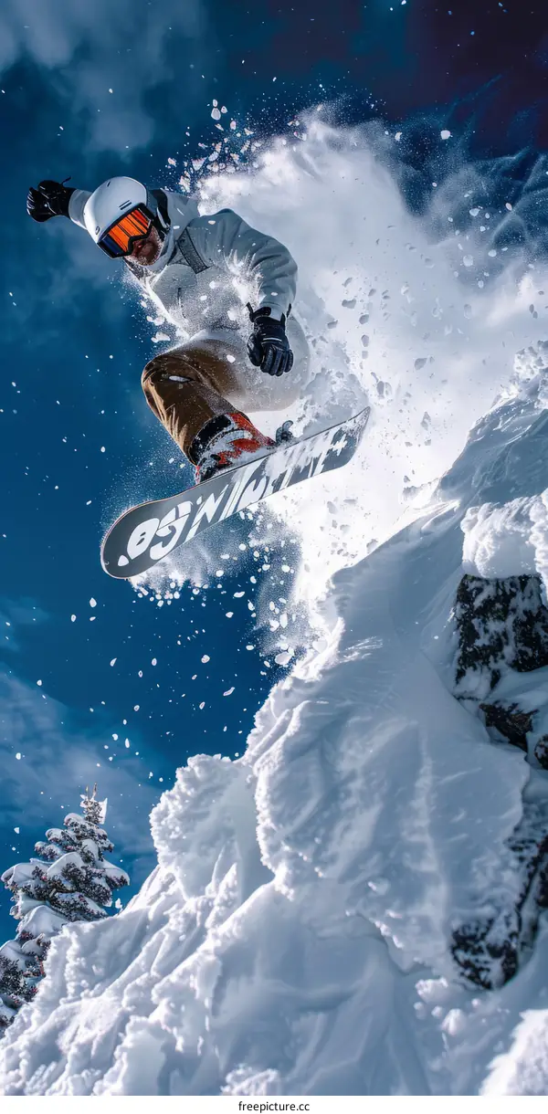 Man in white jacket and brown pants snowboarding down a snowy mountain