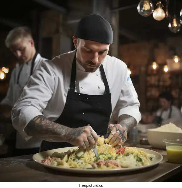 Tattooed chef preparing a large pasta dish in a commercial kitchen
