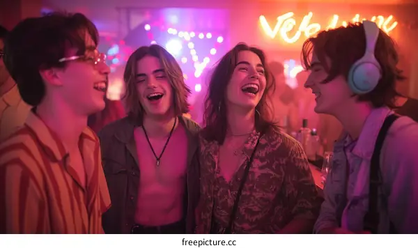 Four friends laughing and having fun at a party