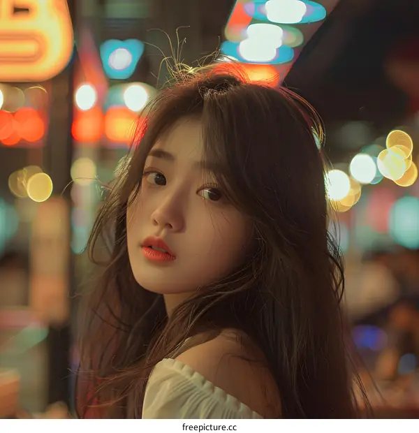 Asian Woman With Long Brown Hair Looking Over Her Shoulder