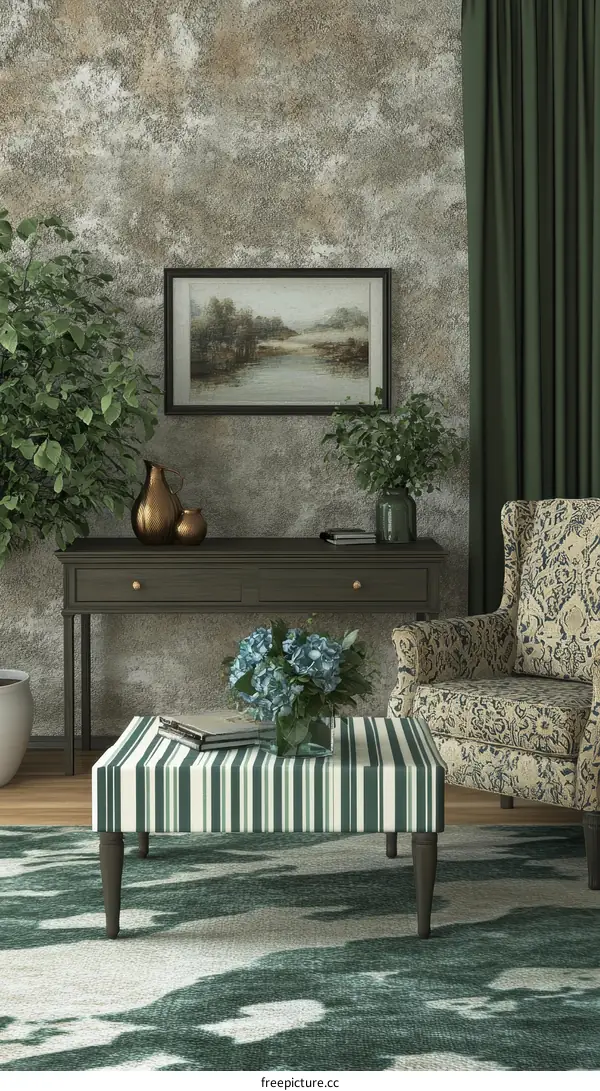 Stylish Living Room Interior with Rustic Accent Wall