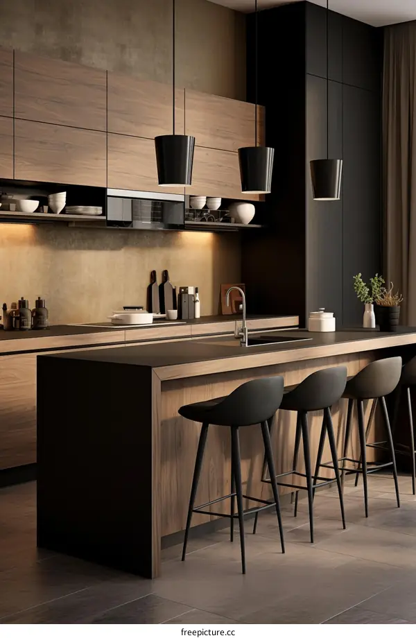 Modern Minimalist Dark Wood Kitchen with Black Accents and Marble Countertops