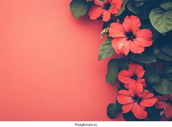 Red Hibiscus Flowers on Coral Background
