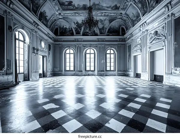 Abandoned Ballroom with Checkered Floor and Chandelier