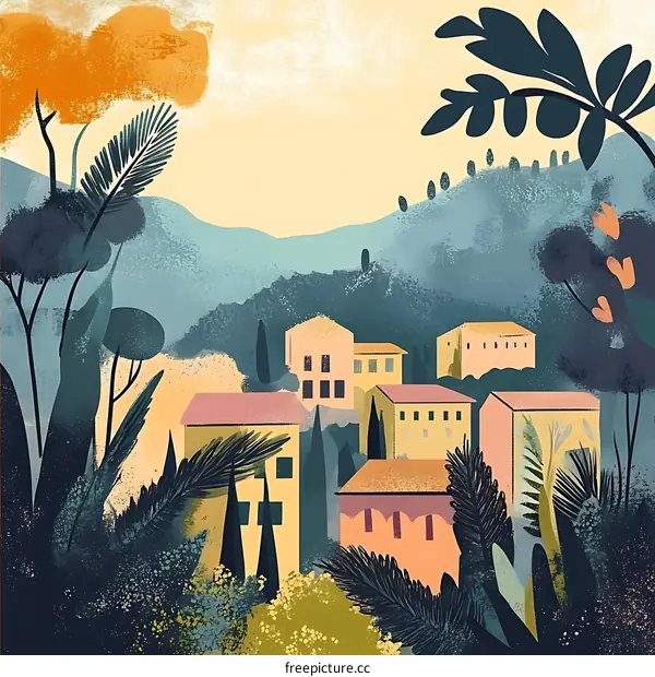 Beautiful Landscape Illustration with Colorful Houses and Lush Greenery