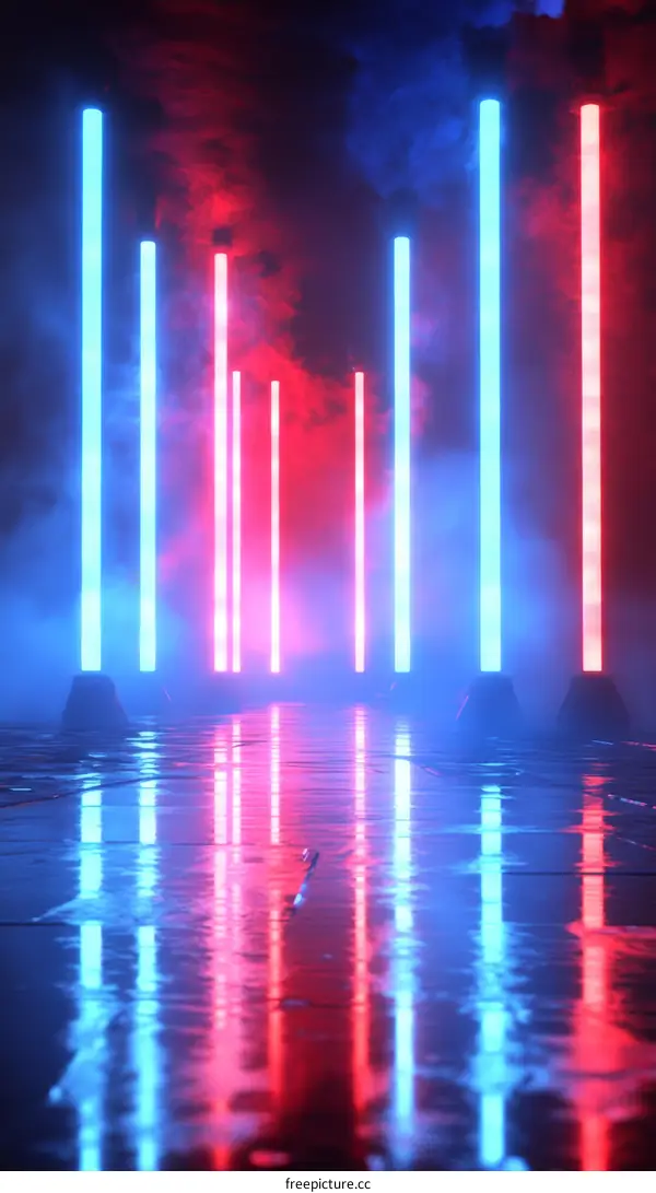 Neon Lights Reflection on Wet Floor