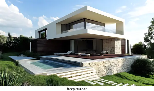 Modern House Design with Swimming Pool and Large Windows
