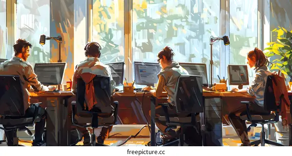Four people working in an office
