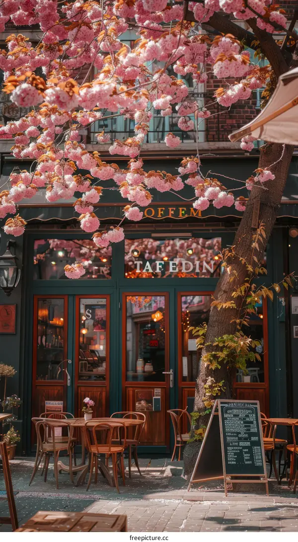 European-style coffee shop with pink flowers