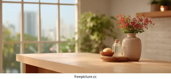 Cozy Wooden Table with Flowers and Decor