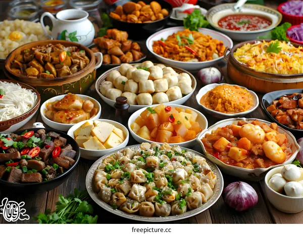 Delicious Chinese Food Dishes on a Wooden Table