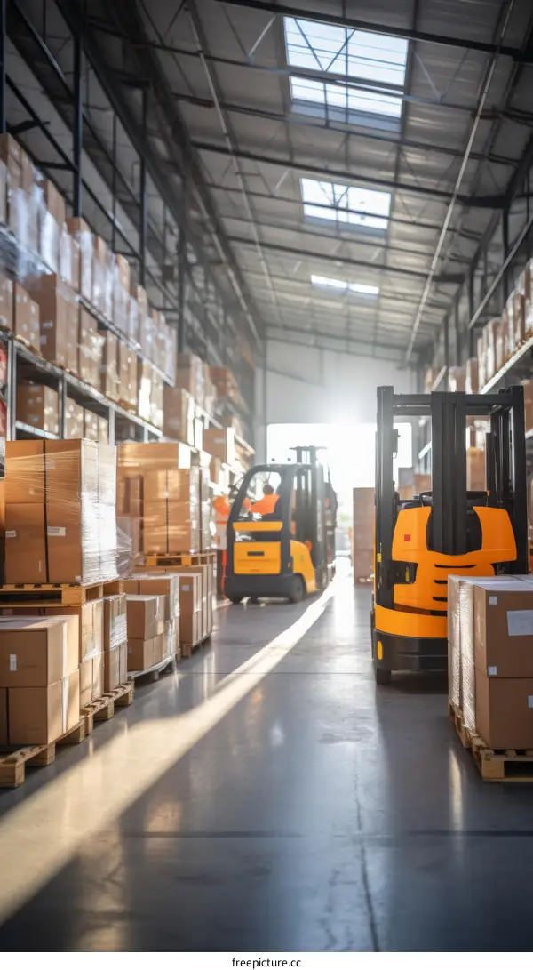 Warehouse workers driving forklifts in a warehouse