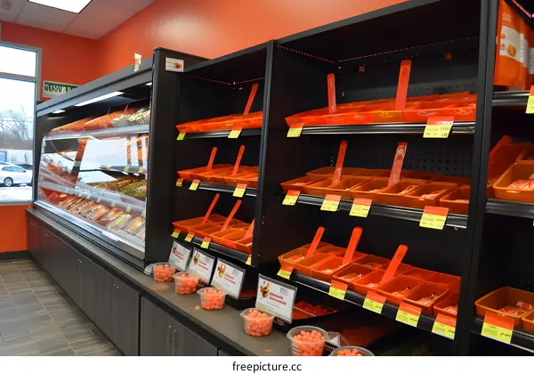 Orange Candy Displayed in Black Shelves in a Store