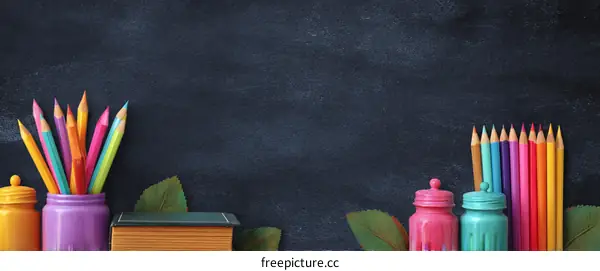 Colorful School Supplies on a Blackboard Background