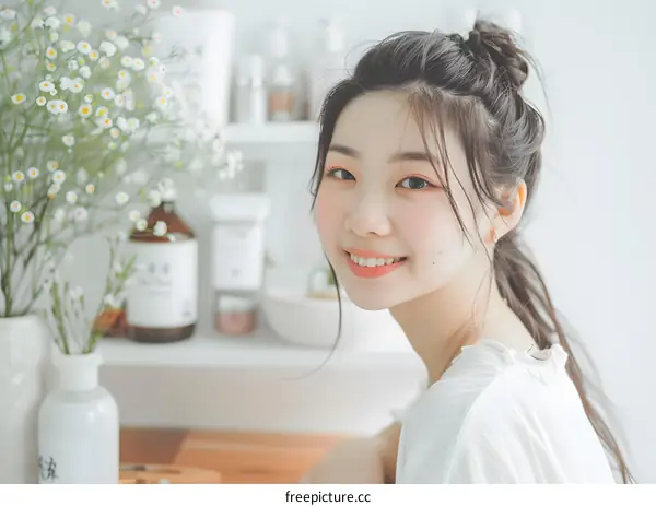 Smiling Young Woman With Flowers in the Background