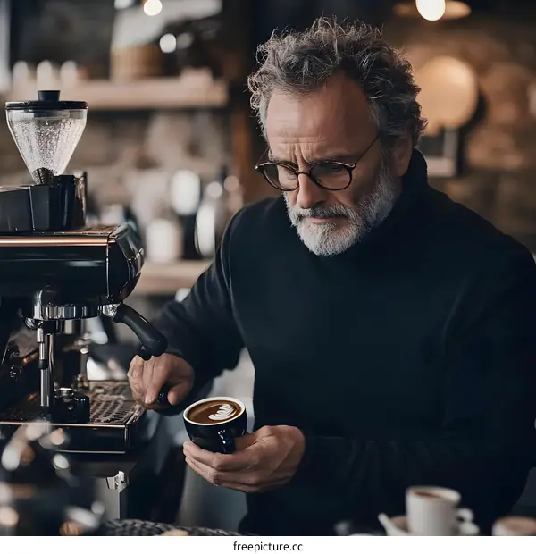 Senior Man Making Latte Art In Coffee Shop