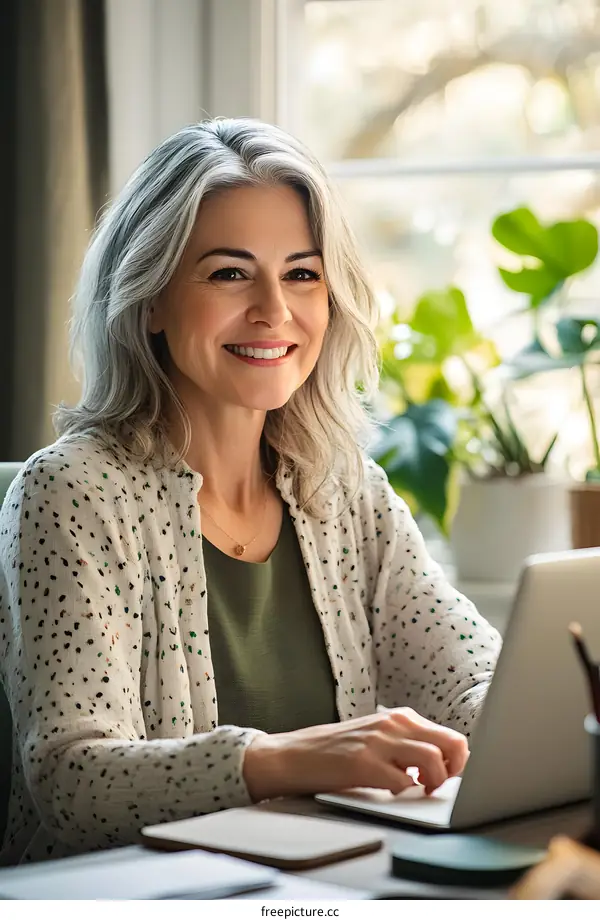 Smiling Woman Working From Home On Laptop