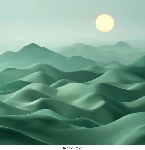 Surreal 3D landscape with green rolling hills and a yellow sun