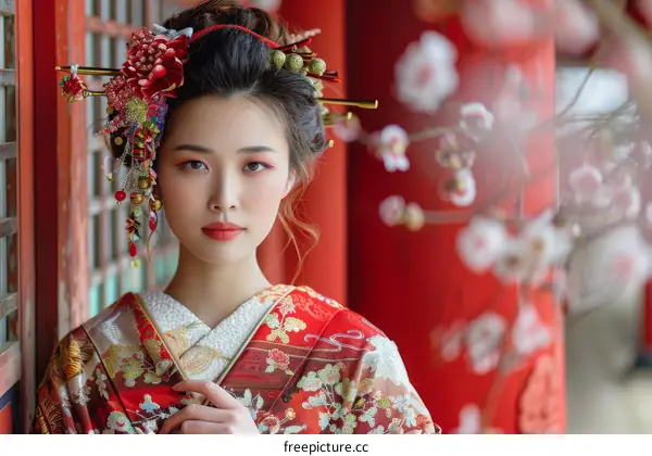 Japanese Woman Wearing Traditional Kimono and Floral Hair Ornament