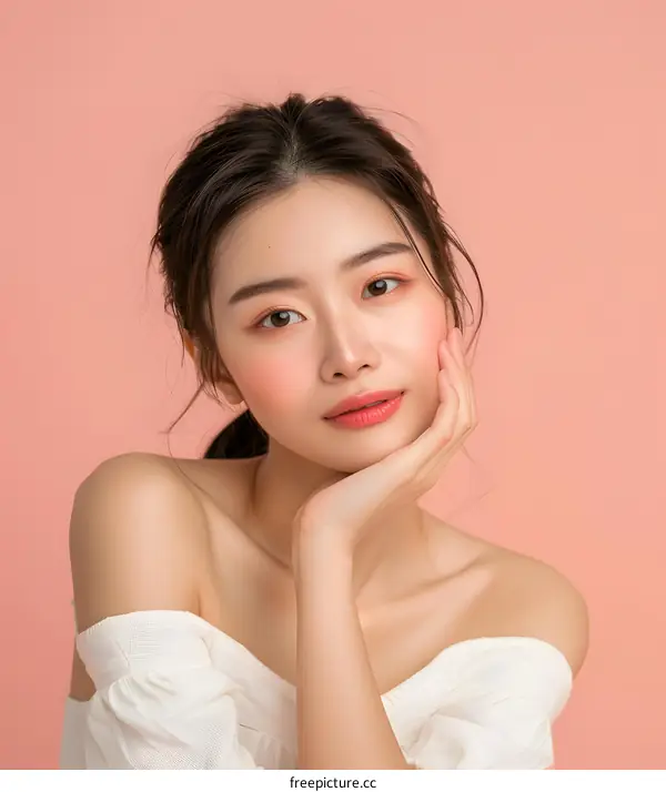Beautiful Asian Woman with Makeup Posing Against Pink Background