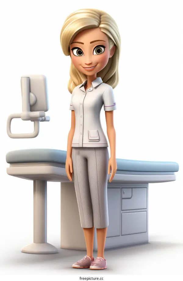 3D illustration of a female doctor or nurse standing in a hospital room