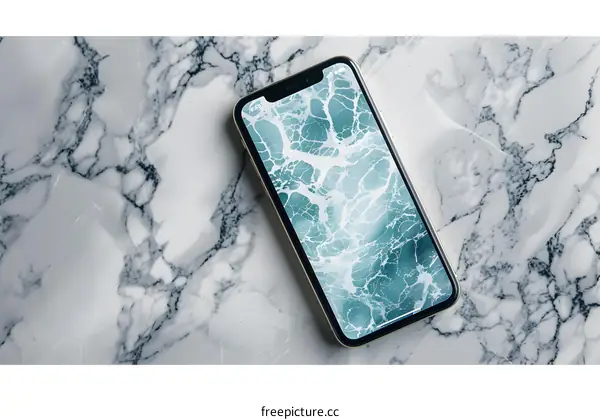 Close Up View of a Smartphone on Marble Surface with Abstract Wallpaper