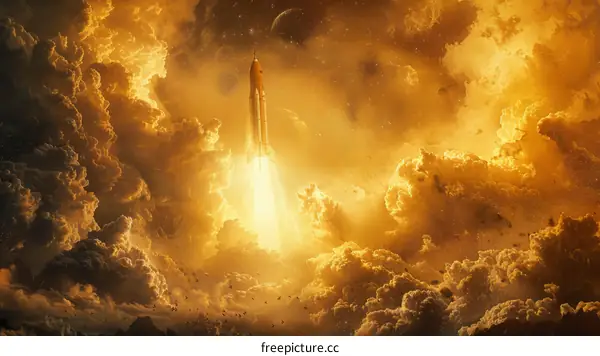 Rocket Launch into Space with Clouds and Stars