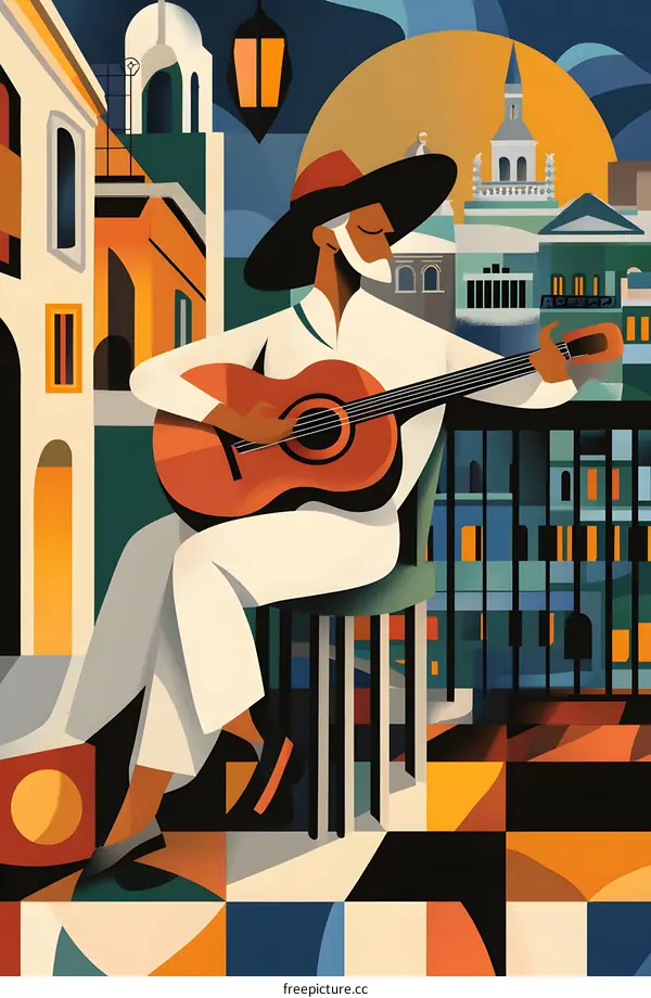 Man Playing Guitar in Colorful City