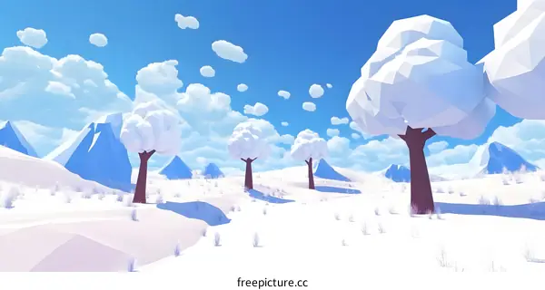 Low Poly Winter Landscape with Mountains and Trees