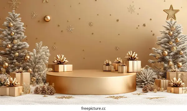 Gold Christmas Scene with Presents and Trees