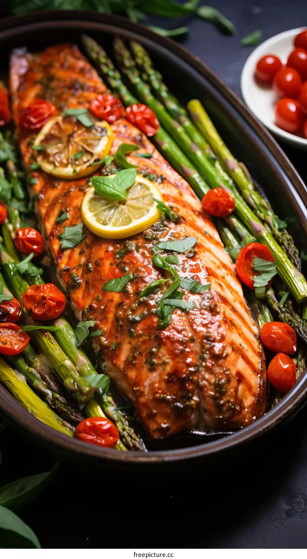 Baked Honey Garlic Glazed Salmon with Asparagus and Tomatoes