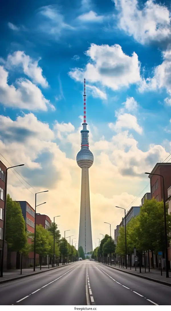 A wide road with a tall tower in the distance