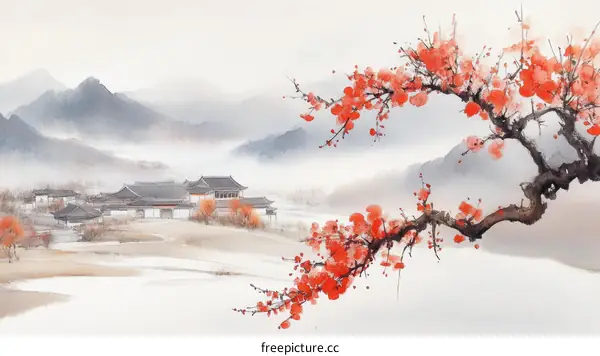 Winter Plum Blossoms in a Misty Mountain Village