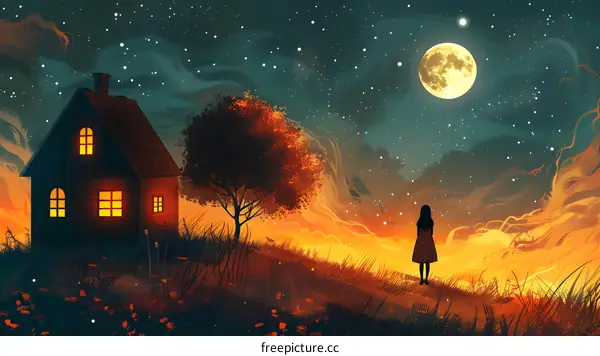 Silhouette of a Girl Standing in a Field Under a Full Moon and Stars