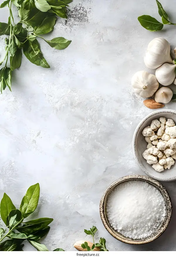 Food Ingredients Background Salt Garlic and Herbs Top View