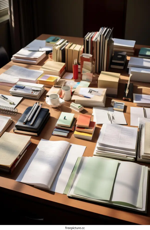 A desk full of books and papers