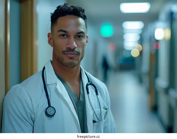 A young male doctor of African-American ethnicity is standing in a hospital hallway.