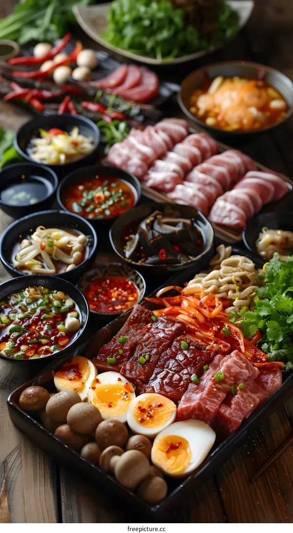 A variety of ingredients are arranged on a wooden table, including beef, pork, mushrooms, eggs, and vegetables.