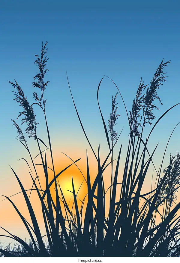 Sunset Grass Silhouette Against A Blue Sky