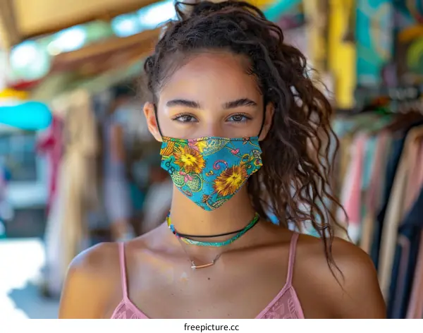Portrait of a young woman wearing a colorful facial mask