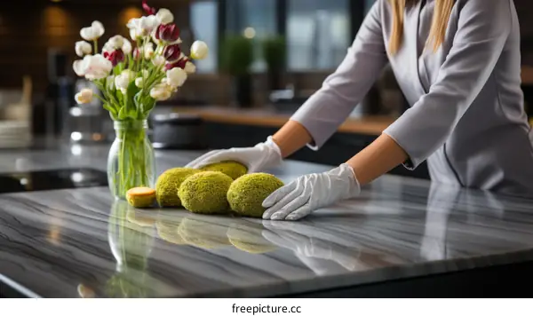 A woman wearing white gloves places decorative moss balls on a marble countertop